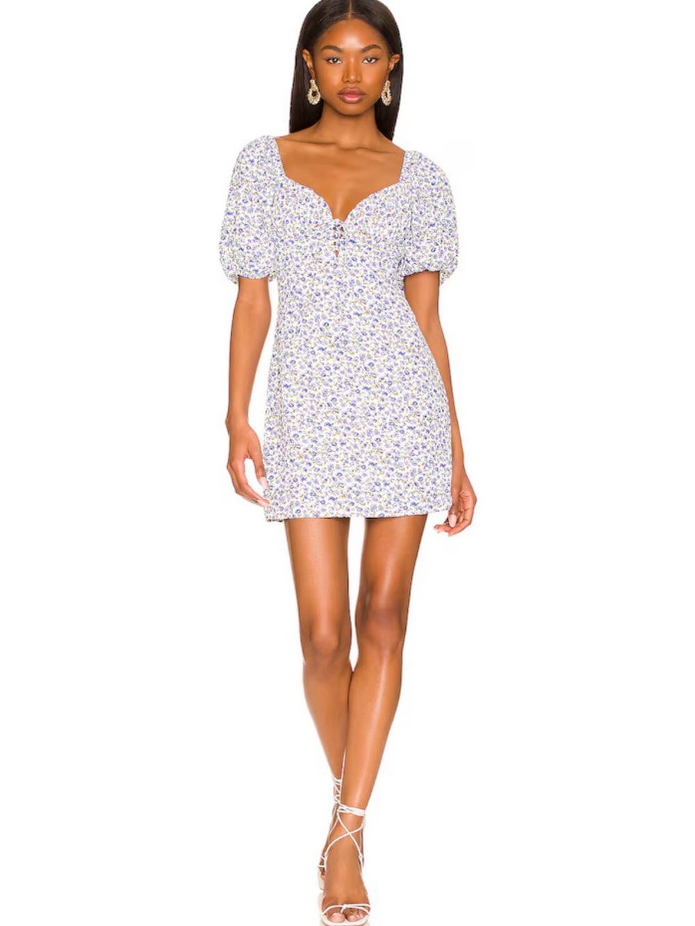 Sweetheart Puff-Sleeve Mini Dress in White and Blue Floral